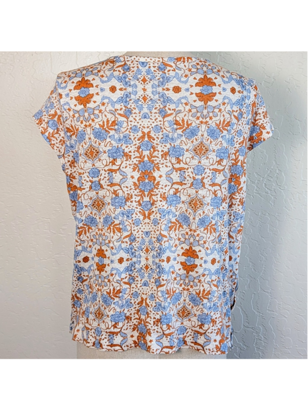 Rachel Zoe Linen Top M Blue Orange Floral Boho Coastal Lightweight Blouse - Picture 8 of 12
